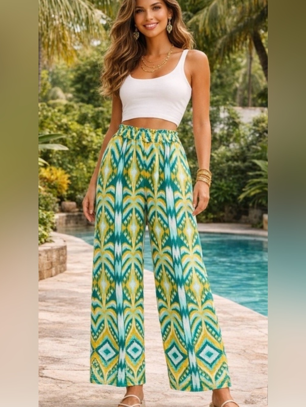 FARM Rio Green & Yellow Tropical-Print Wide Leg Pants. NWT